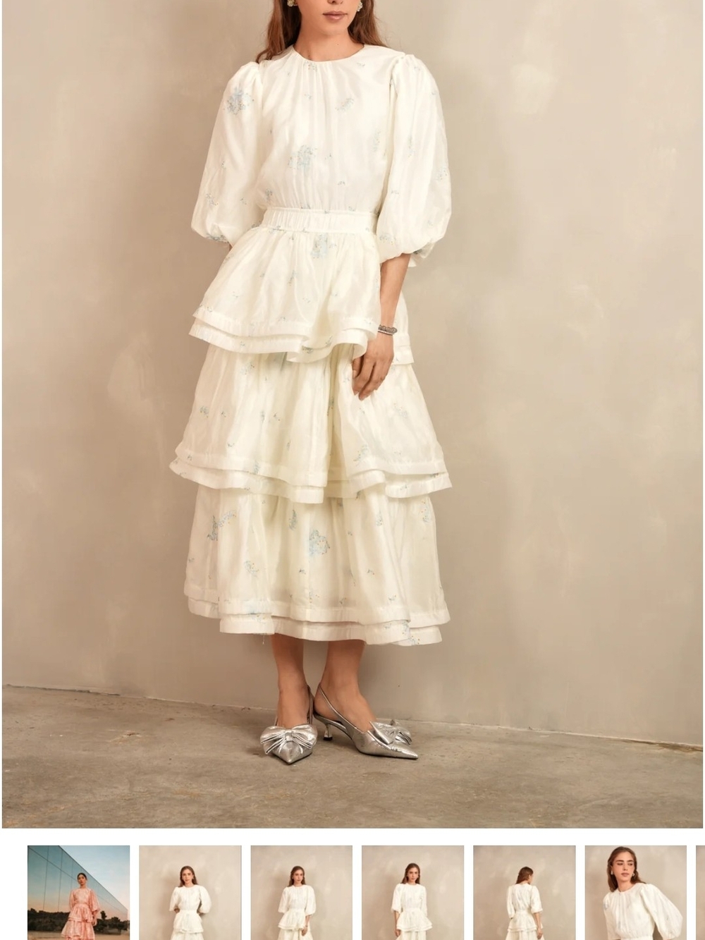 Ivory Tiered Maxi Skirt with Delicate Blue Floral Print - Picture 3 of 5